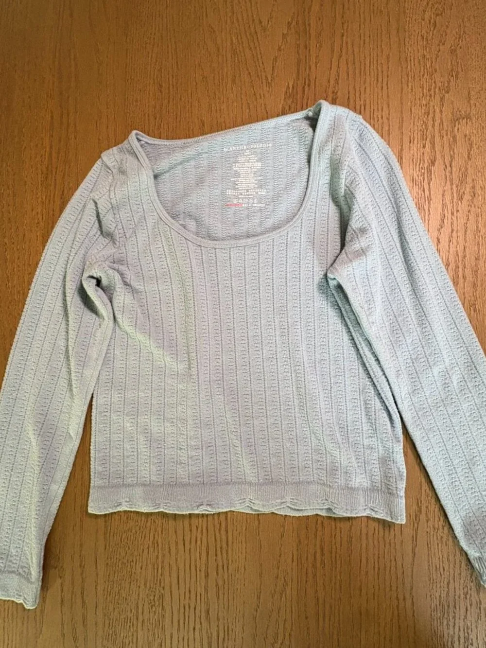 Anthropologie Ribbed Knit 3/4 Sleeve Crop Top with Scalloped Hem